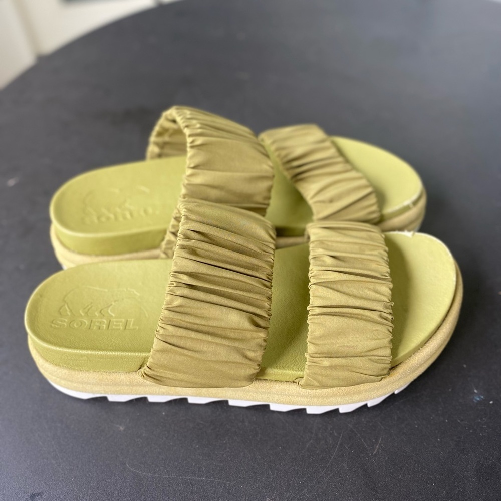 Sorel Olive Green Ruched Double-Strap Slide Sandals